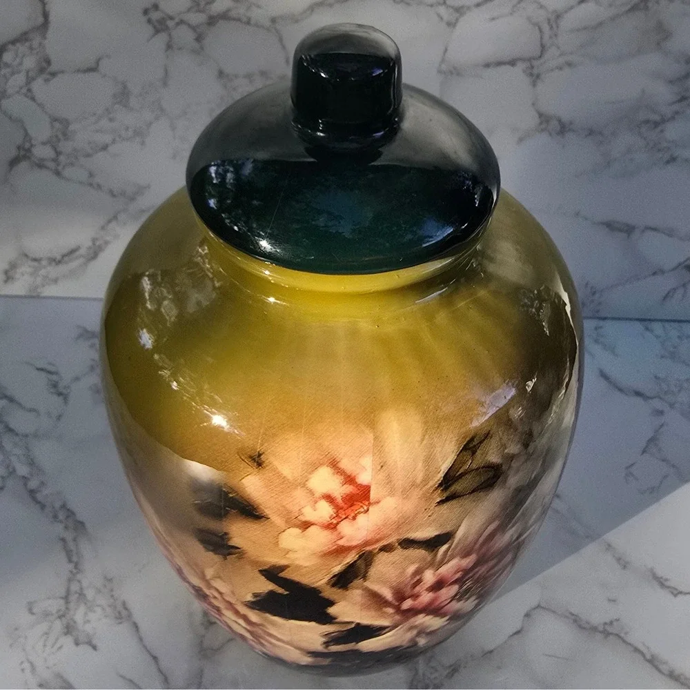 Vintage Peony  Large Floral Ceramic Ginger Jar Yellow Pink Vase Lid